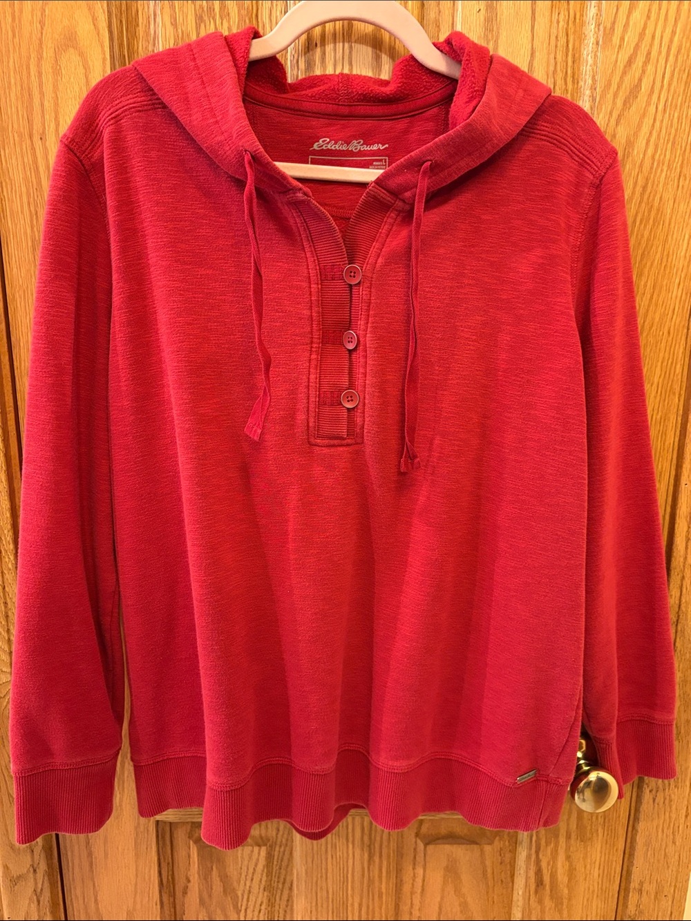 Eddie Bauer Red Hooded Button-Neck Henley Sweatshirt - Oversized
